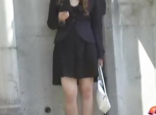 Cute Asian in boots got skirt sharked and undies seen