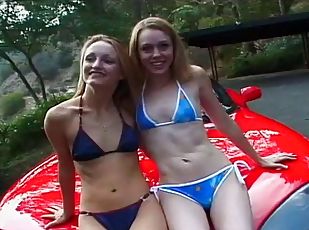 A Threesome outdoor with young blond&Brunette